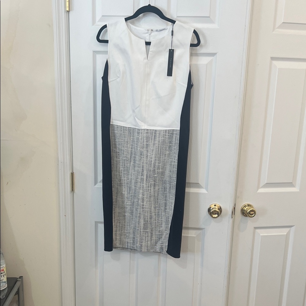 Tahari White and Black Colorblock Midi Dress